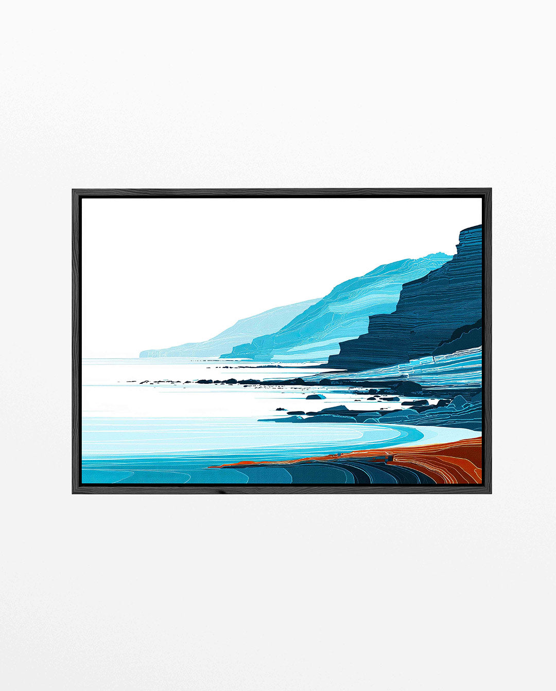 Kustlijn in blauwtinten – liggend abstract kunstwerk