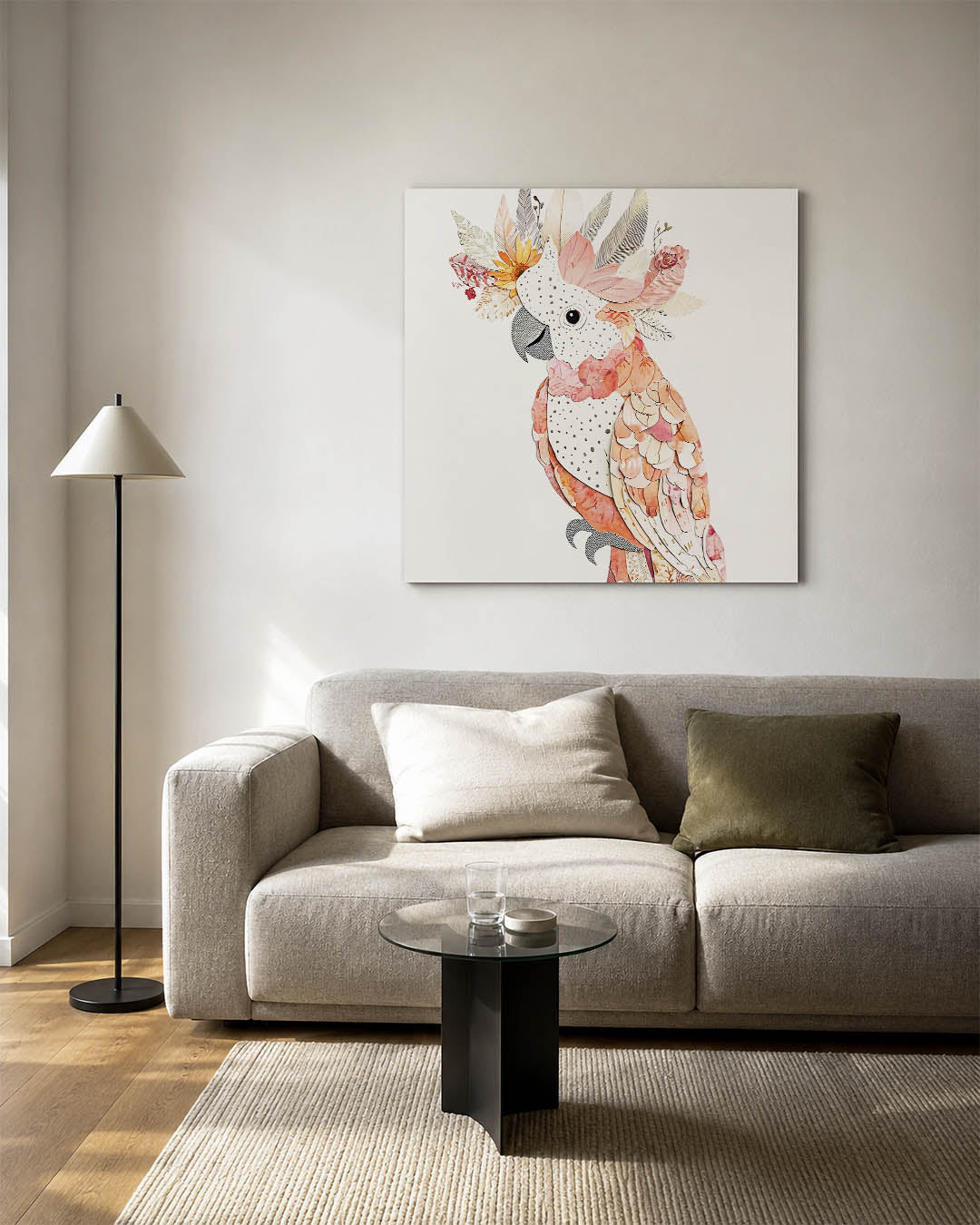 Vrolijke vogelcompositie kunstwerk – detailweergave – dit werk toont een kleurrijke vogel met een mix van bloemen en