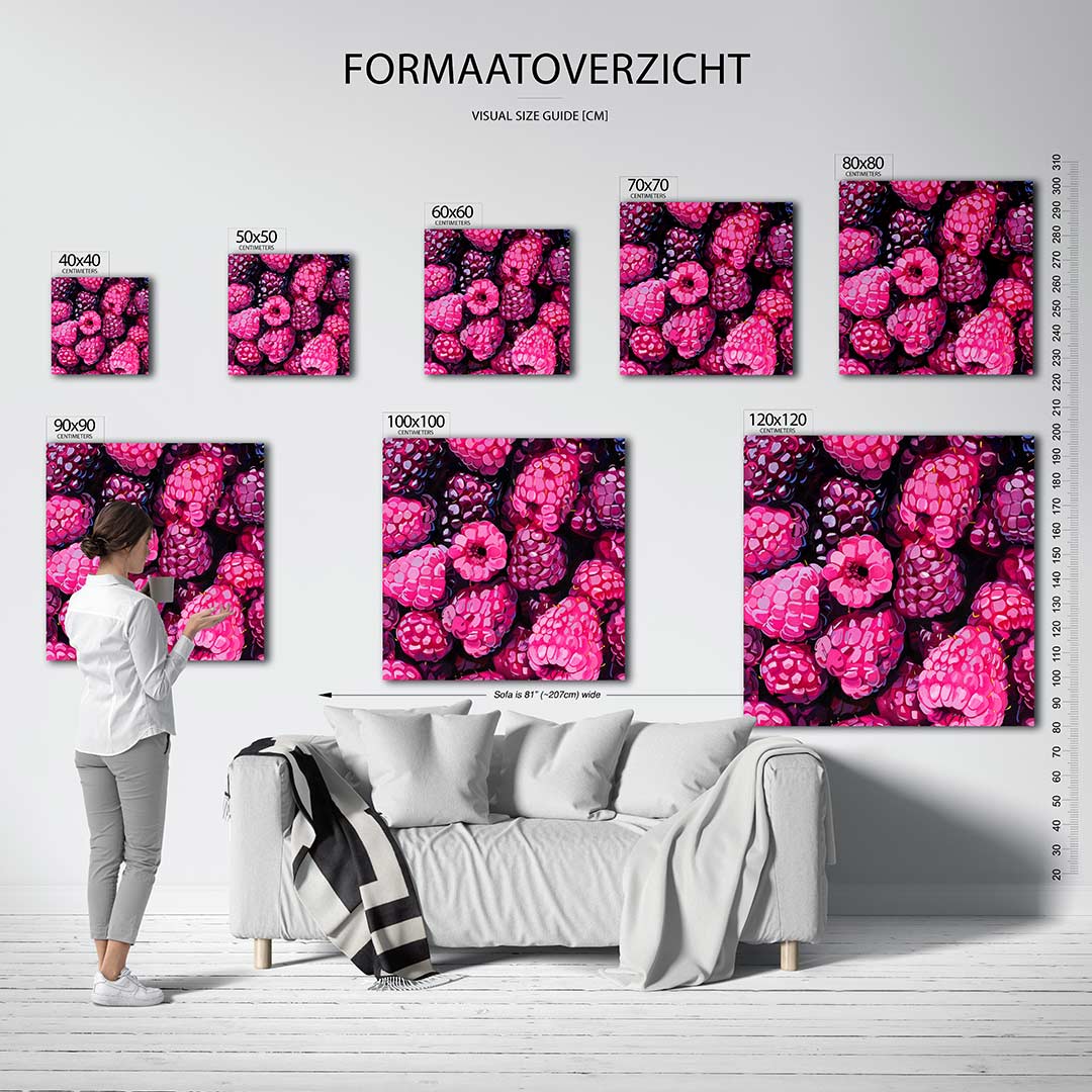 Fruitige patronen kunstwerk – sfeerbeeld – dit kunstwerk toont een levendige verzameling van frambozen in diverse tinten roze