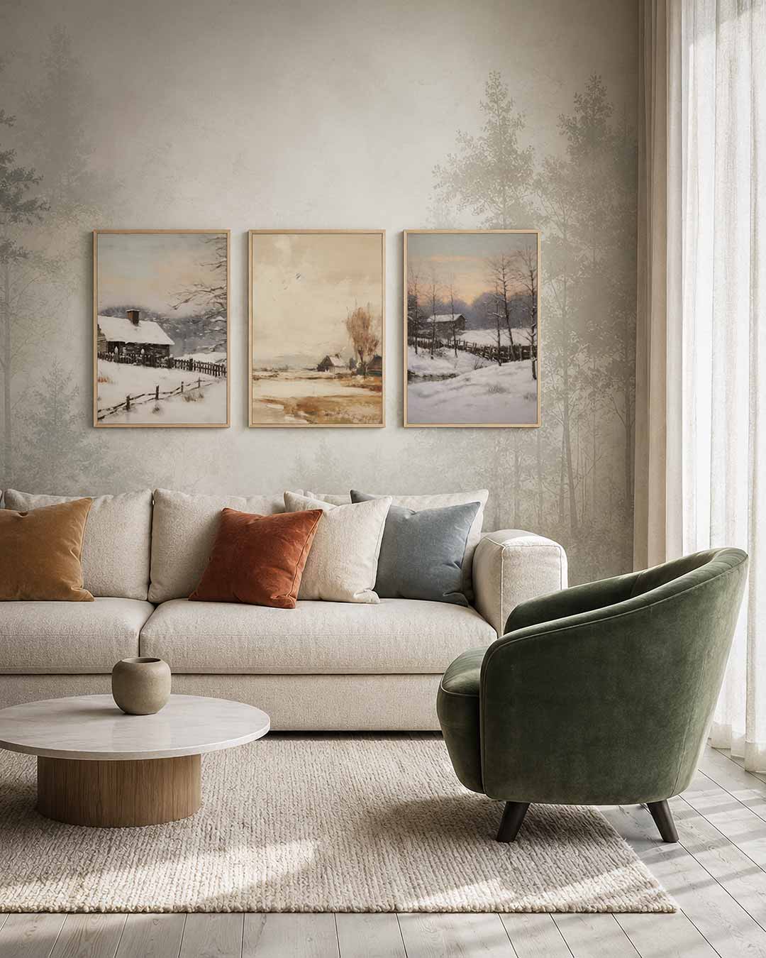 Winterse rust – een serene winterlandschap met een houten huisje omringd door besneeuwde
