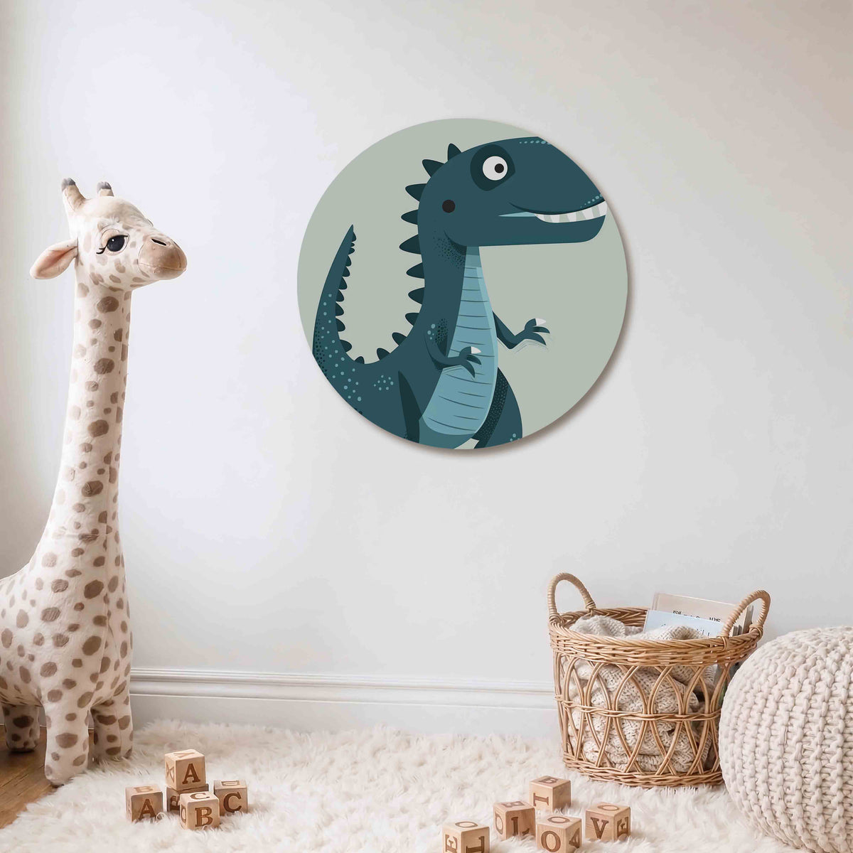 Dinosaurus illustratie Muurcirkel – Een dinosaurus met een blauwe tint en witte accenten.