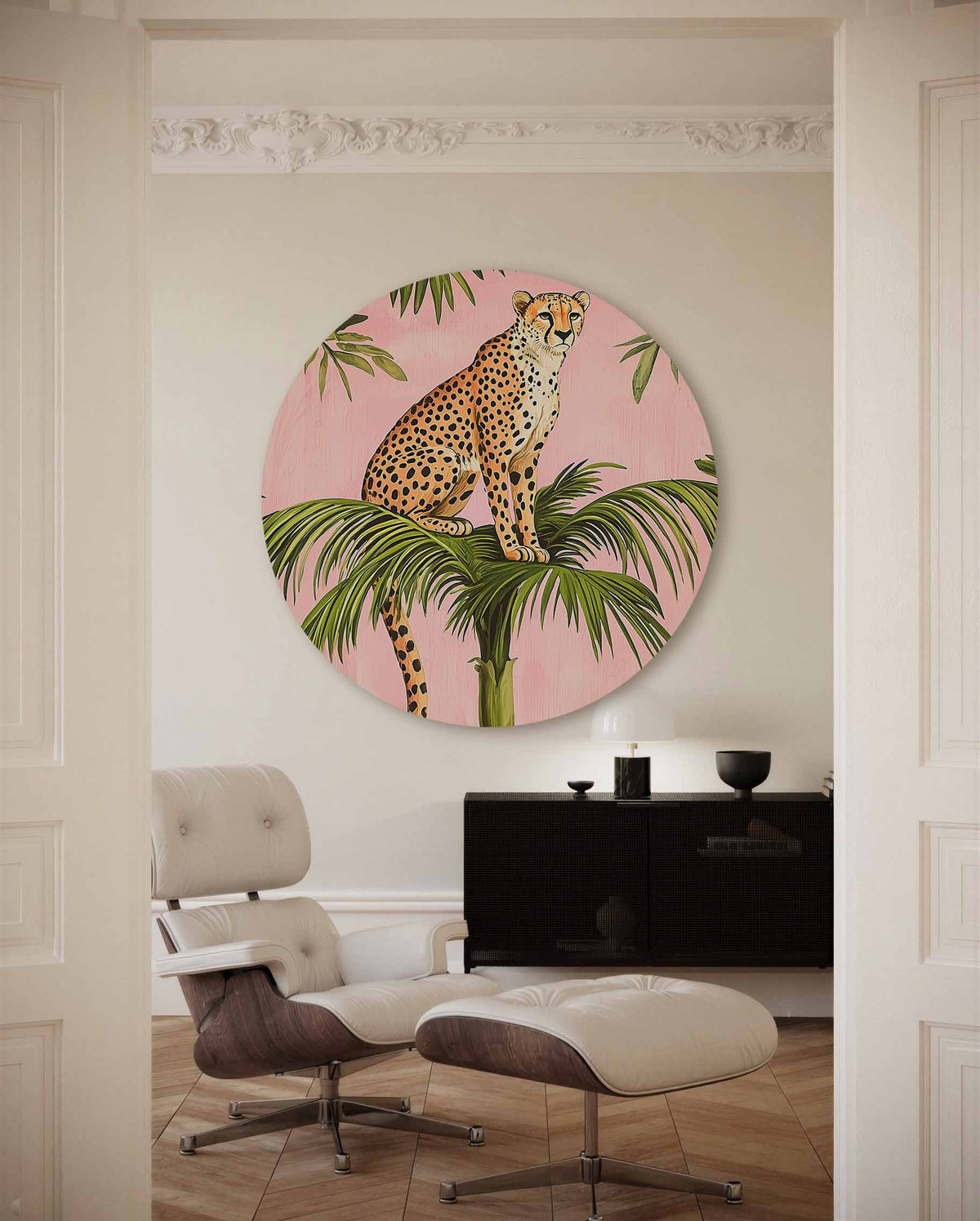 Luipaard op palm – illustratie muurcirkel als ronde muurdecoratie