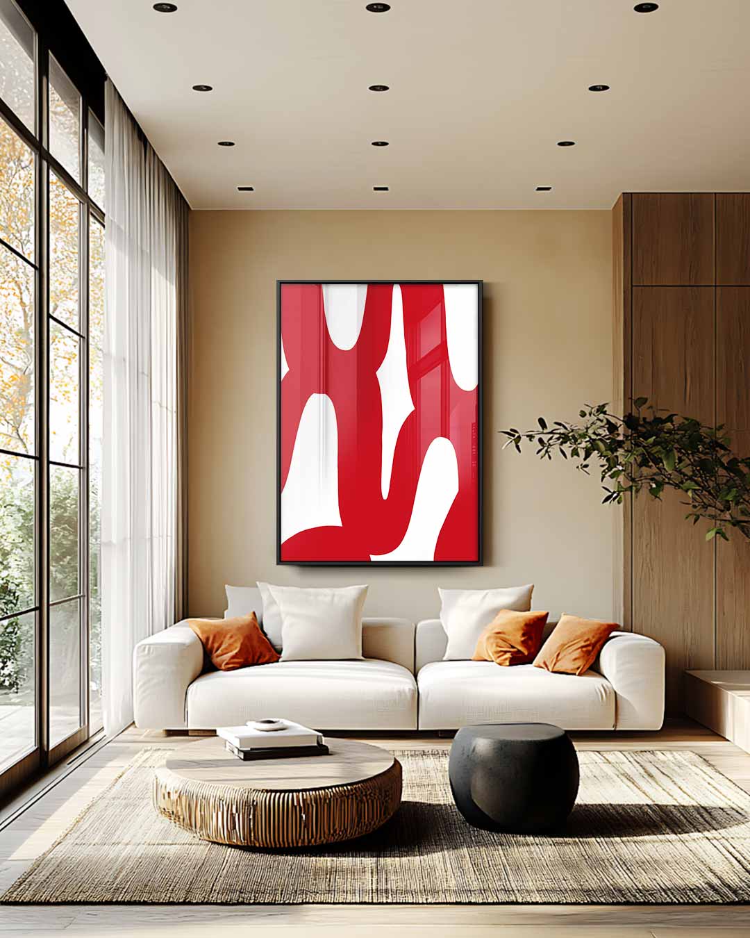 Speelse Rode Bochten – staande wandkunst voor woonkamer of interieur