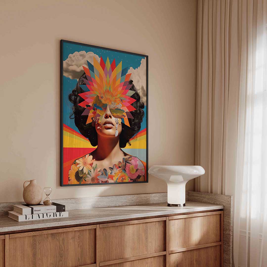 Vrouw met kleurrijke zonnebril – surreal poster in staand formaat