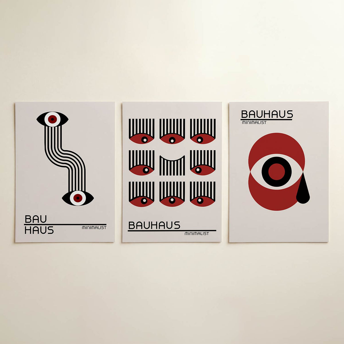 Ooglijnenspel posterset – detailweergave – twee ogen verbonden door golvende lijnen. Zwart-wit met rode accenten. Strakke en