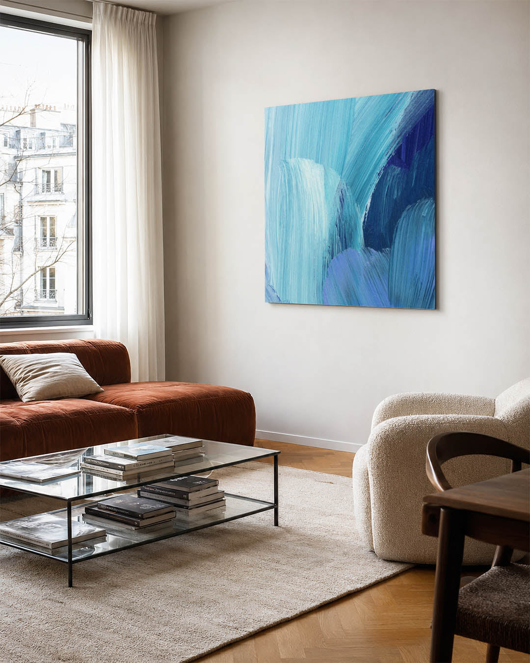 Dynamische blauwtinten kunstwerk – vierkante wanddecoratie – dit werk toont vloeiende penseelstreken in verschillende