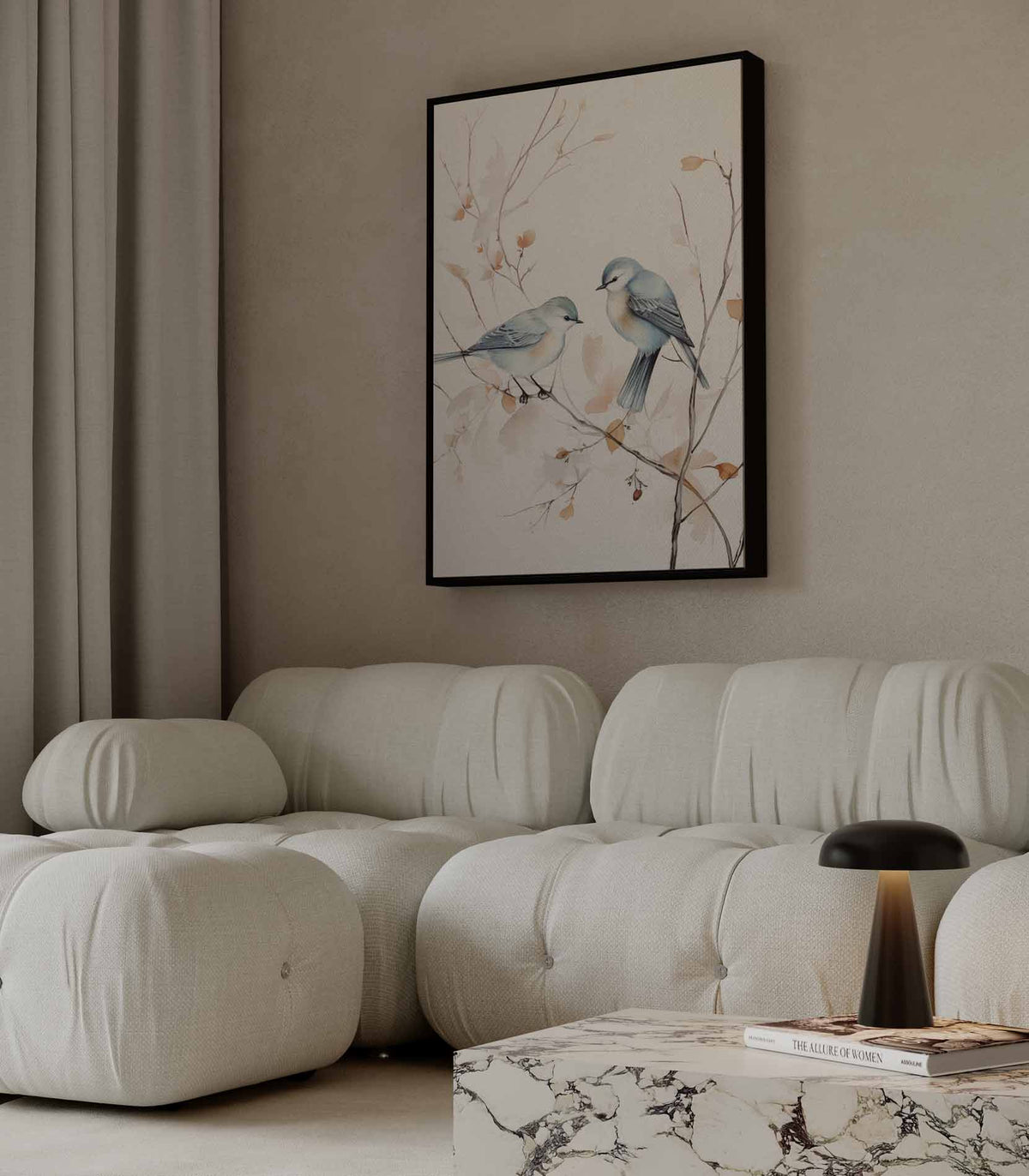 Vrolijke Vogels op Tak – plexiglas wanddecoratie in portret formaat