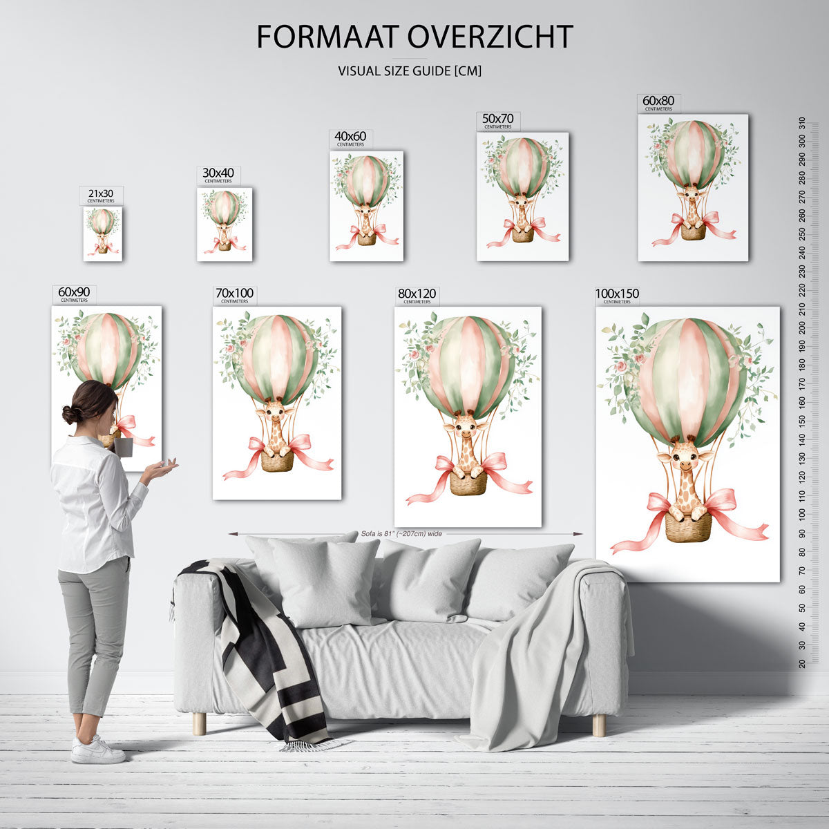 Giraffe in luchtballon – staande muurposter voor de kinderkamer