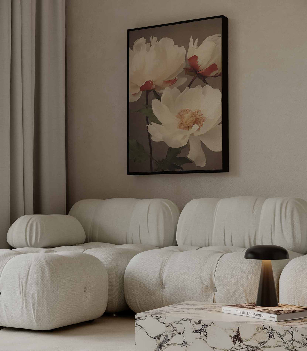 Elegantie van Witte Pioenrozen – dibond wanddecoratie in staand formaat
