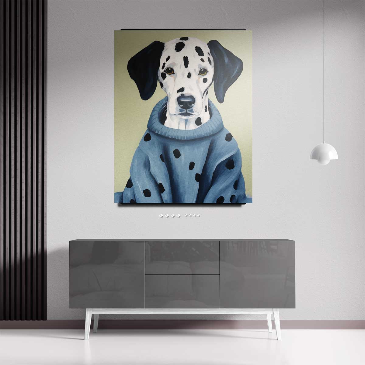 Stijlvolle Dalmatiër in Blauwe Trui – staand kunstwerk voor modern interieur