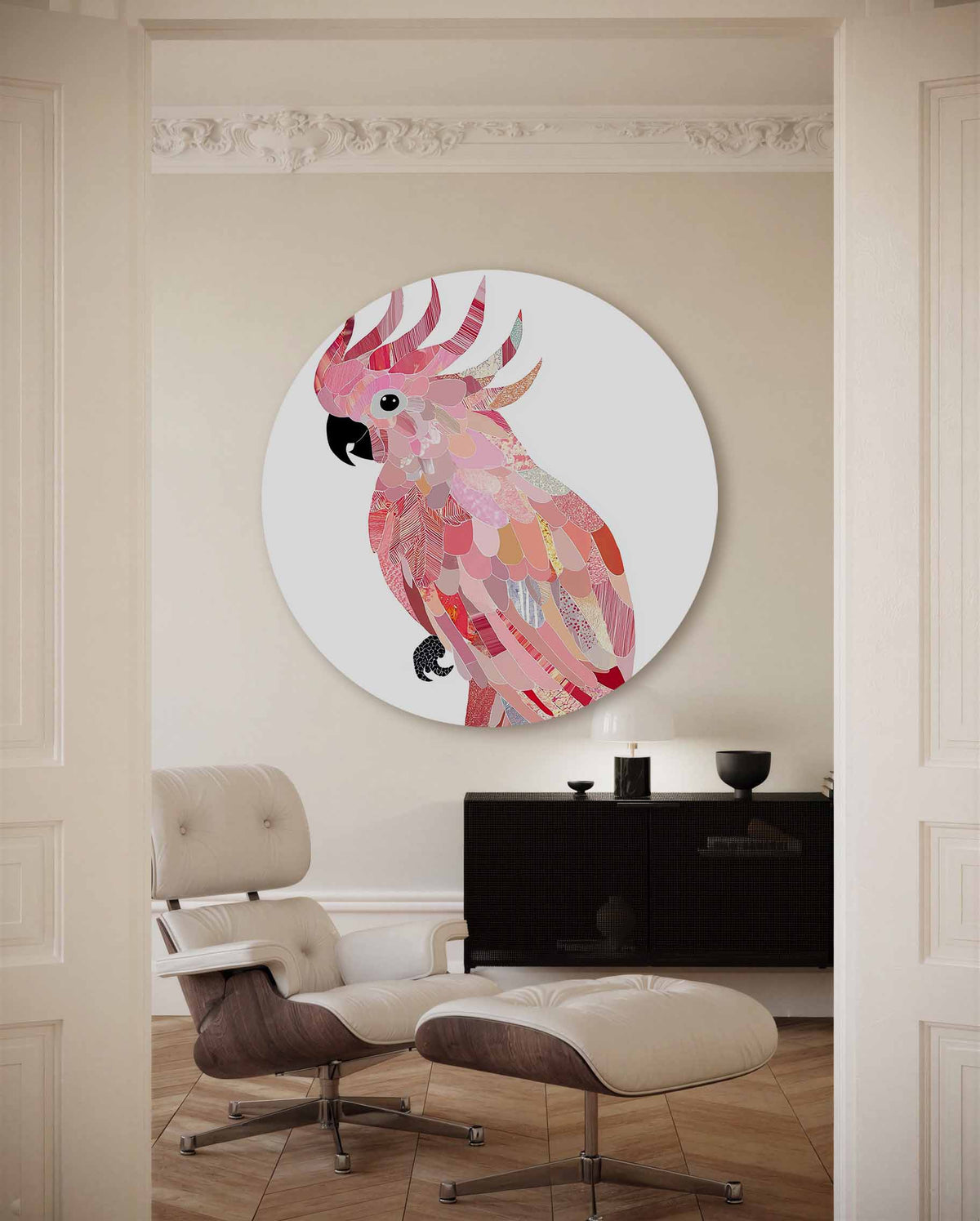 Papegaai in roze tinten – illustratie muurcirkel als ronde muurdecoratie