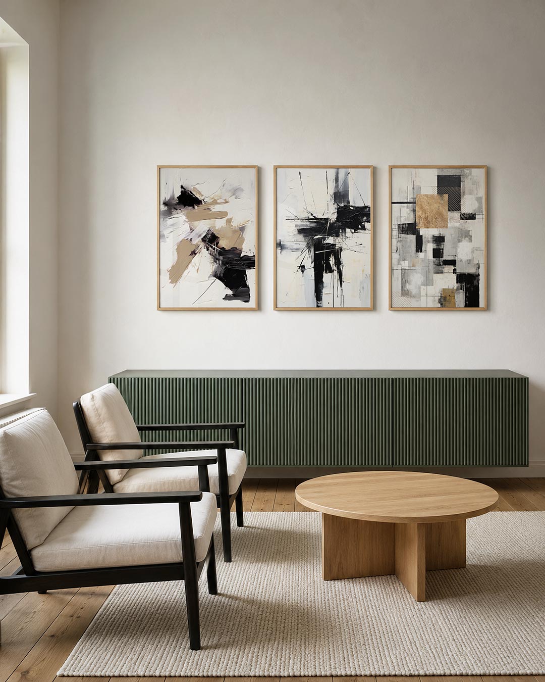 Dynamische kleurvlakken posterset – derde productweergave – deze compositie toont een energieke mix van beige, zwart en