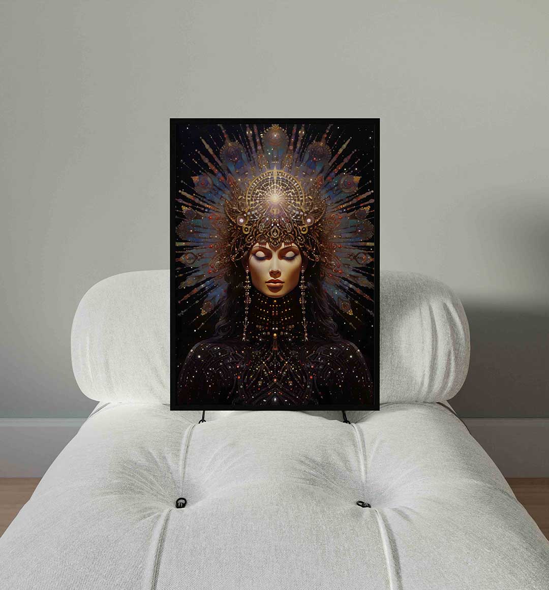 Vrouw met sierlijke kroon – staande surrealistische wanddecoratie van WallArtistic