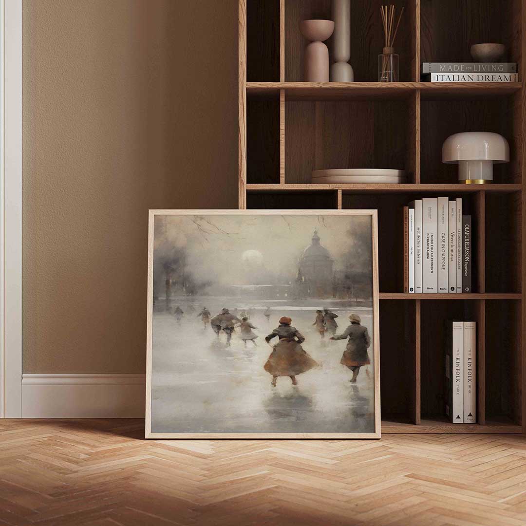Schaatsers op bevroren meer – kerstposter in vierkant formaat