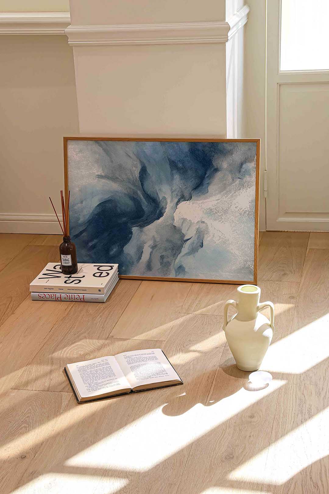 Abstracte blauwe vormen – liggende abstracte wanddecoratie van WallArtistic