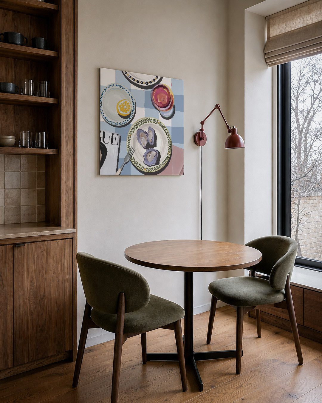 Eettafel compositie kunstwerk – derde productweergave – dit kunstwerk toont een kleurrijke tafelsetting met borden, een glas