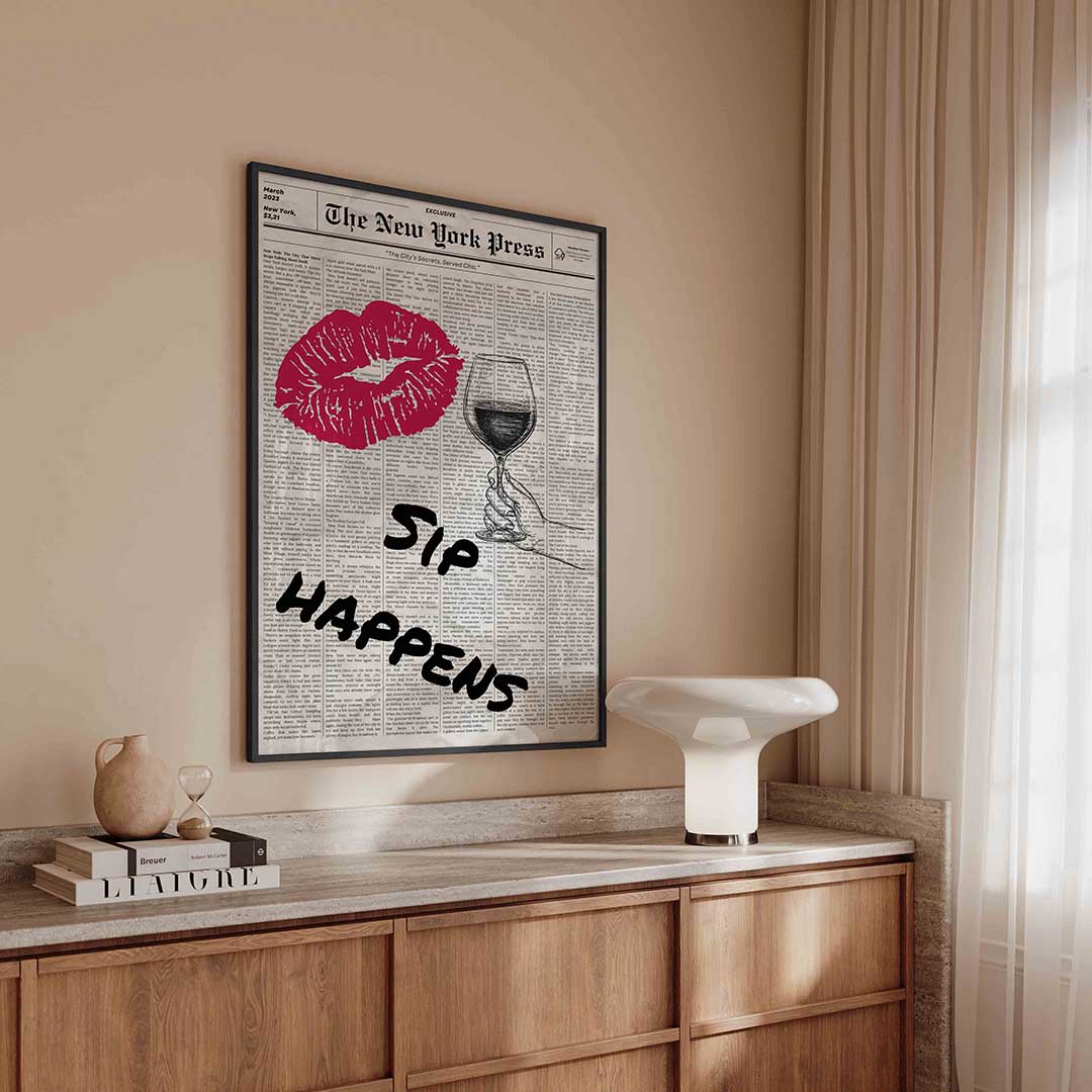Wijn en lippenstift – kleurrijke Pop Art poster in staand formaat