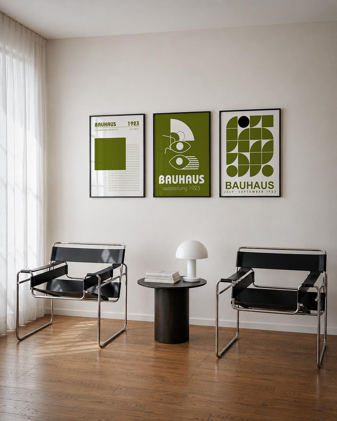 Vorm en lijnenspel driedelige posterset – deze posterset in drie delen toont een groot olijfgroen vierkant bovenaan, met