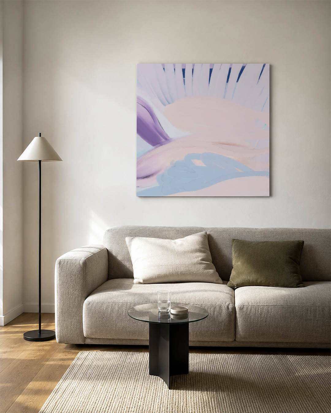 Zachte kleurencompositie kunstwerk – vierkante wanddecoratie – dit werk toont vloeiende lijnen en zachte overgangen in