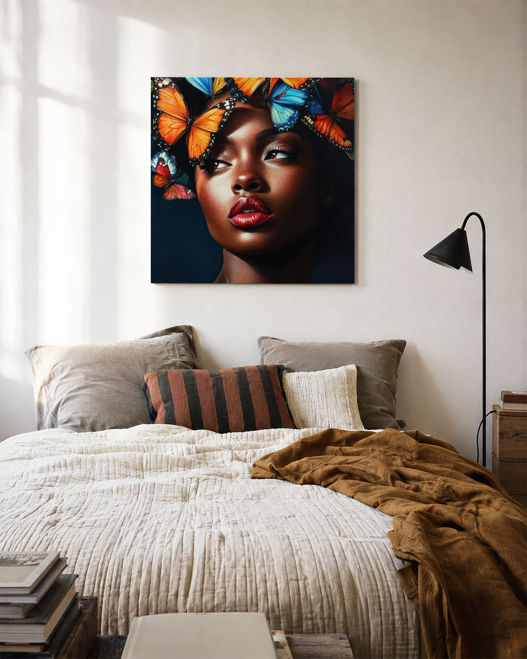 Vlinders en portret kunstwerk – detailweergave – dit kunstwerk toont een vrouwelijk portret met kleurrijke vlinders. De