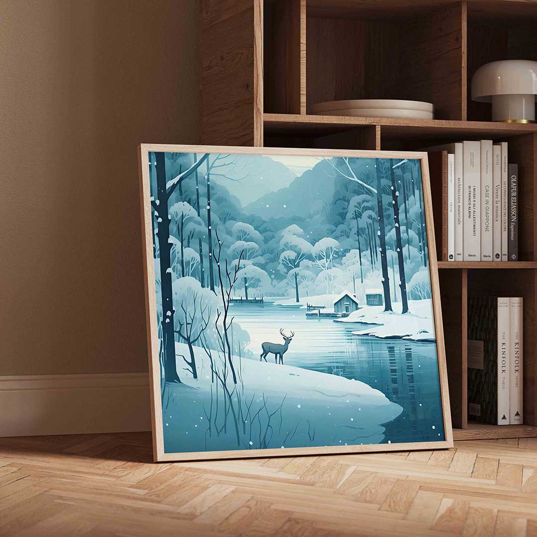 Winterlandschap met hert – vierkante kerst wanddecoratie van WallArtistic
