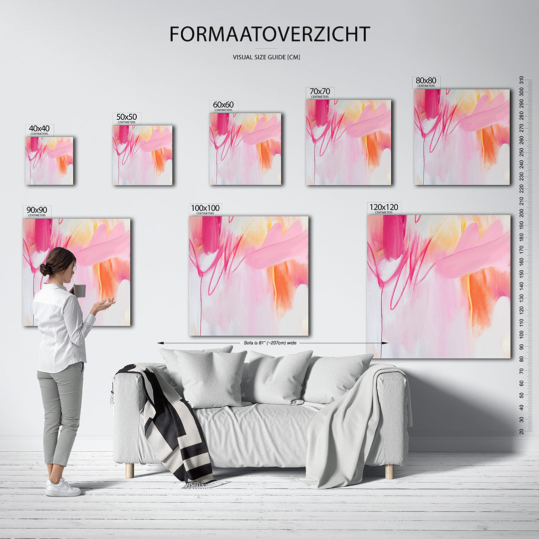 Dynamische kleurenexplosie kunstwerk – materiaalweergave – dit werk toont een levendige mix van roze en oranje tinten, met