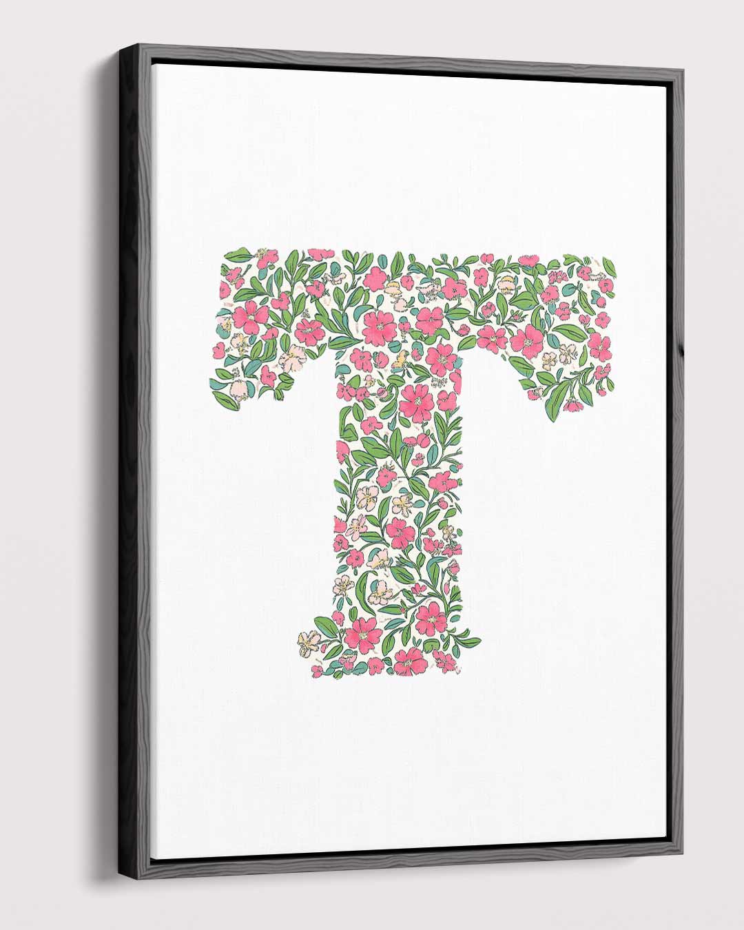Bloemeninitiaal T – plexiglas wanddecoratie in portret formaat