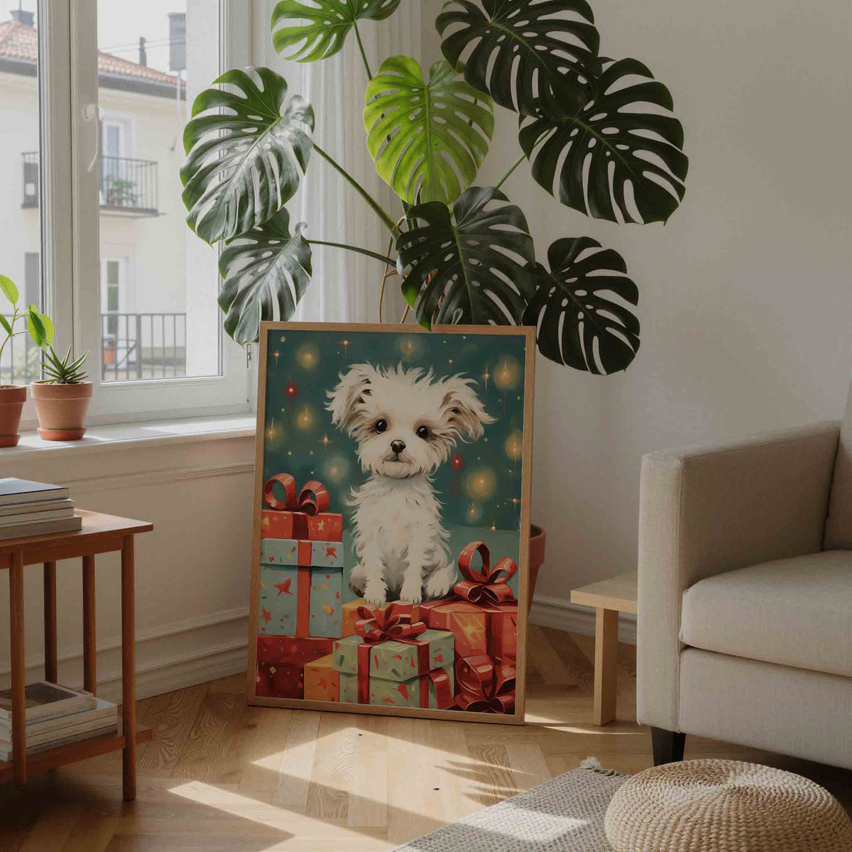 Hondje met cadeaus – feestelijke wandkunst als portret poster