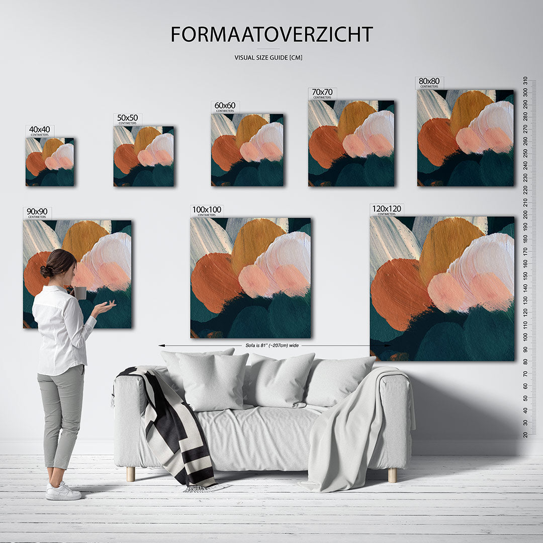 Organische kleurencompositie kunstwerk – dit werk toont vloeiende vormen in een harmonie van kleuren. De penseelstreken