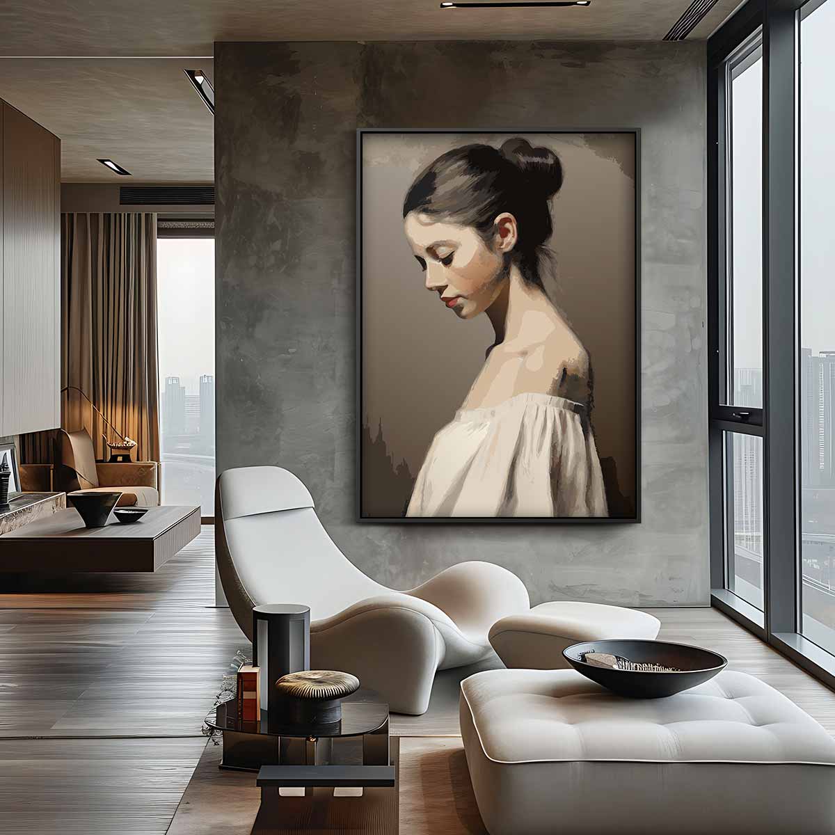 Dromerige Schoonheid in Profiel – staand kunstwerk voor modern interieur