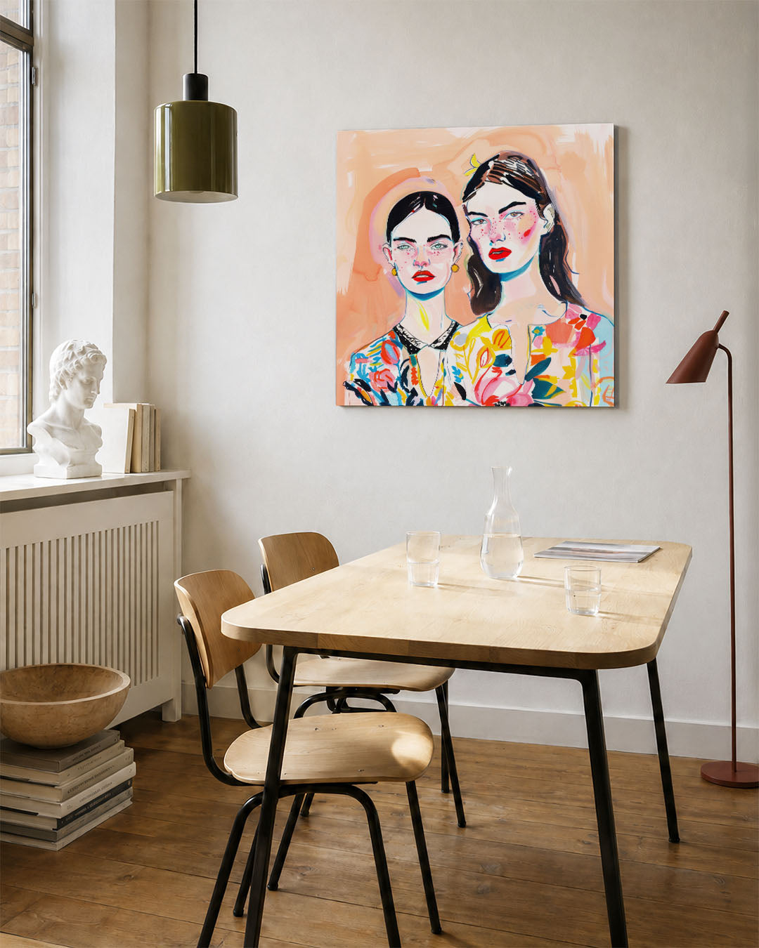 Portretten kunstwerk – vierkante wanddecoratie – dit werk toont twee figuren met levendige kleuren en gedurfde lijnen. De