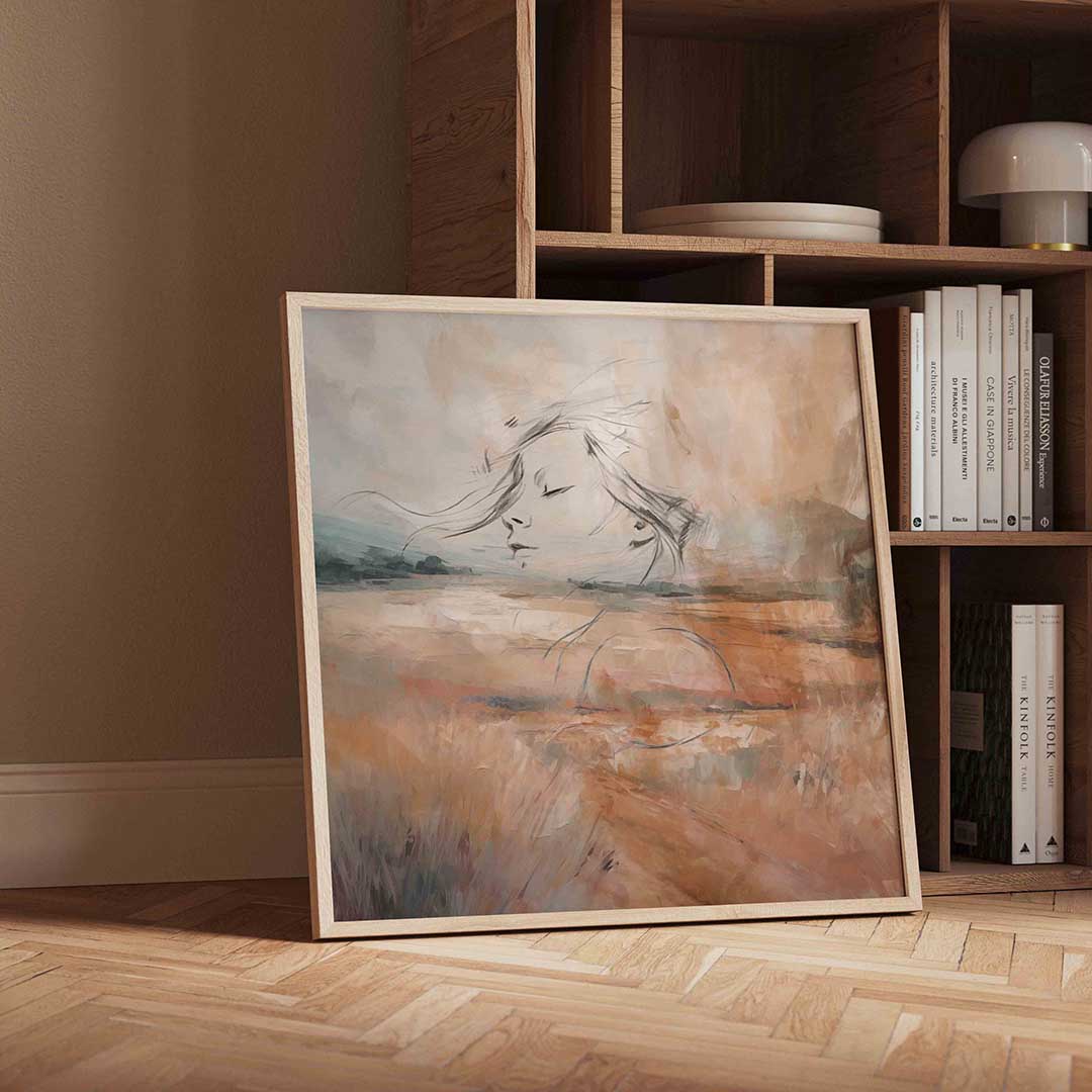 Dromerig landschap met gezicht – moderne wandkunst met kleur en vormen als poster