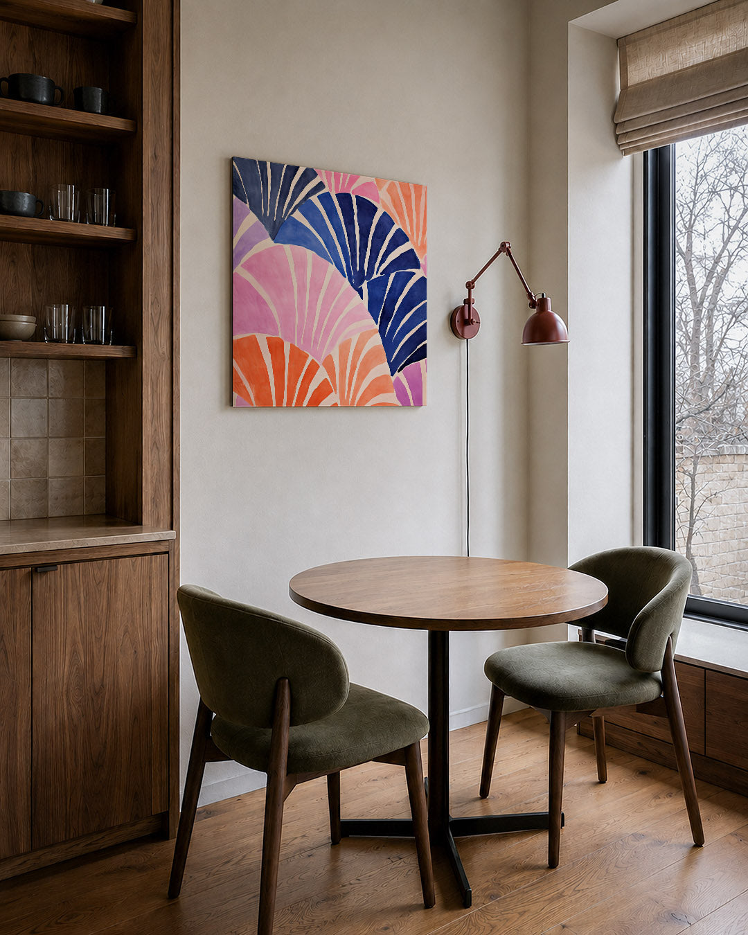 Dynamische kleurvlakken kunstwerk – derde productweergave – dit kunstwerk toont een levendige compositie van overlappende
