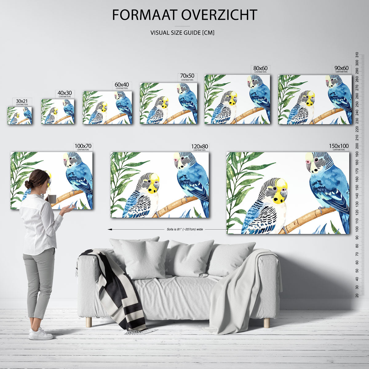 Parkieten en bladeren – liggende muurposter met dierenthema