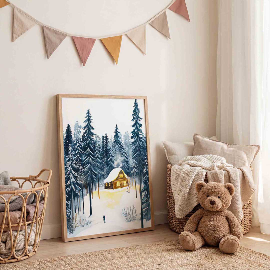 Winterlandschap met huis – speelse wandkunst als portret kinderposter