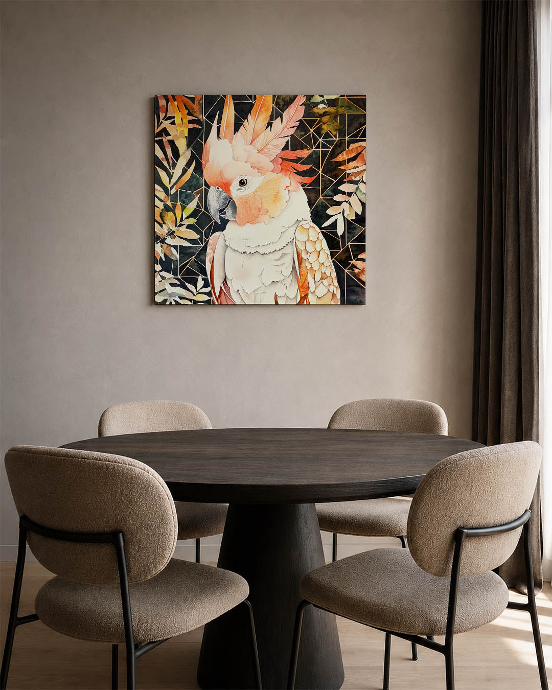 Vrolijke vogel kunstwerk – derde productweergave – dit kunstwerk toont een kleurrijke vogel met levendige oranje en beige