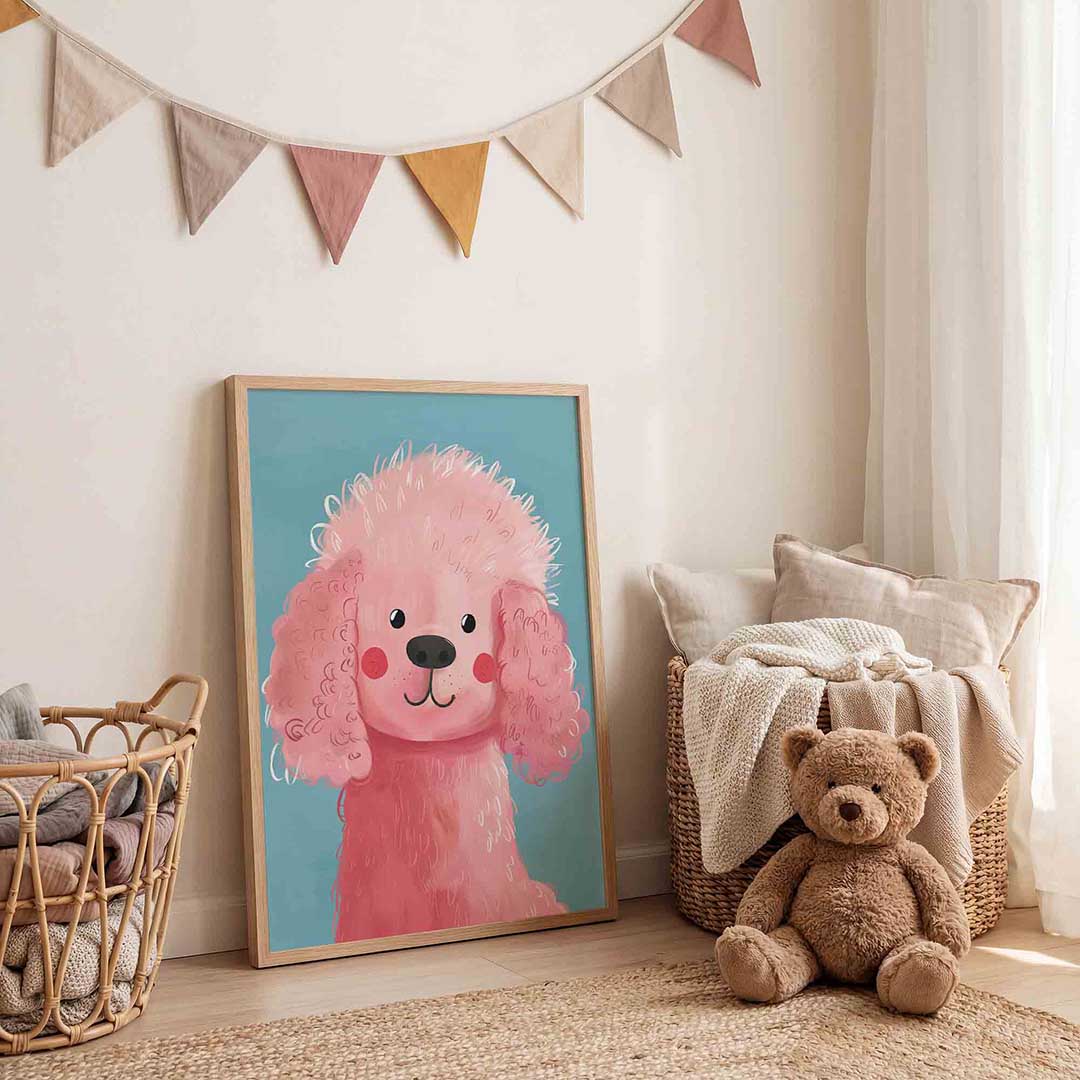 Roze hond – speelse wandkunst als portret kinderposter