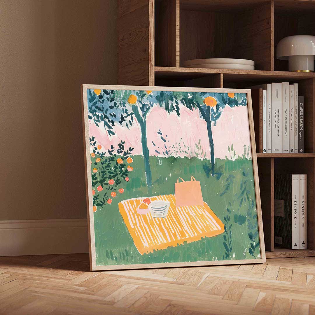 Picknick onder sinaasappelbomen – geïllustreerde wandkunst als vierkante poster