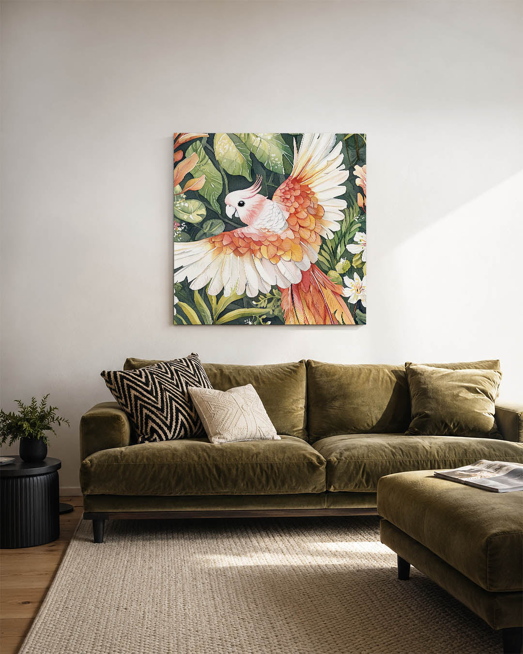 Vliegende papegaai kunstwerk – sfeerbeeld – dit kunstwerk toont een kleurrijke papegaai met uitgestrekte vleugels, omringd
