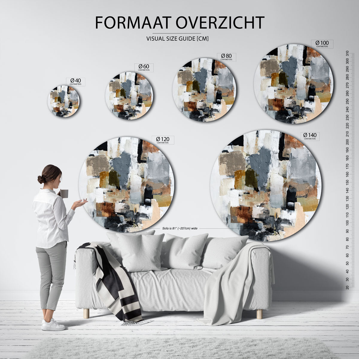 Abstracte vormen – ronde muurdecoratie met vrouwelijk portret