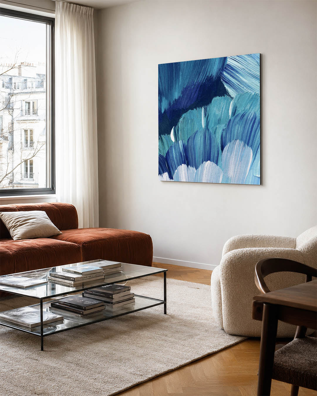 Dynamische blauwe beweging kunstwerk – vierkante wanddecoratie – dit kunstwerk toont vloeiende penseelstreken in