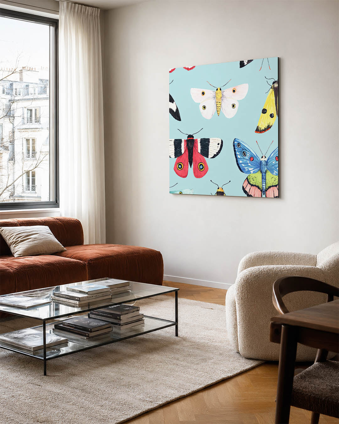 Vrolijke vlinders kunstwerk – vierkante wanddecoratie – dit kunstwerk toont een verzameling kleurrijke vlinders tegen een