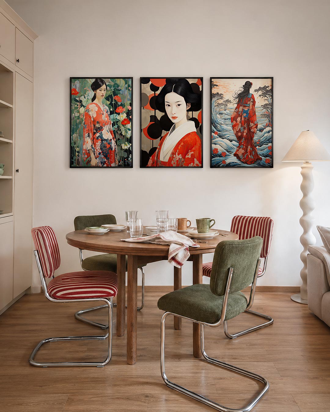 Bloemen en kimono driedelige posterset – een vrouw in een kleurrijke kimono staat tussen weelderige