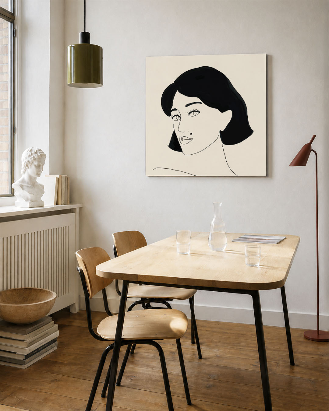 Portret kunstwerk – vierkante wanddecoratie – dit werk toont een eenvoudig lijnportret van een vrouw tegen een beige