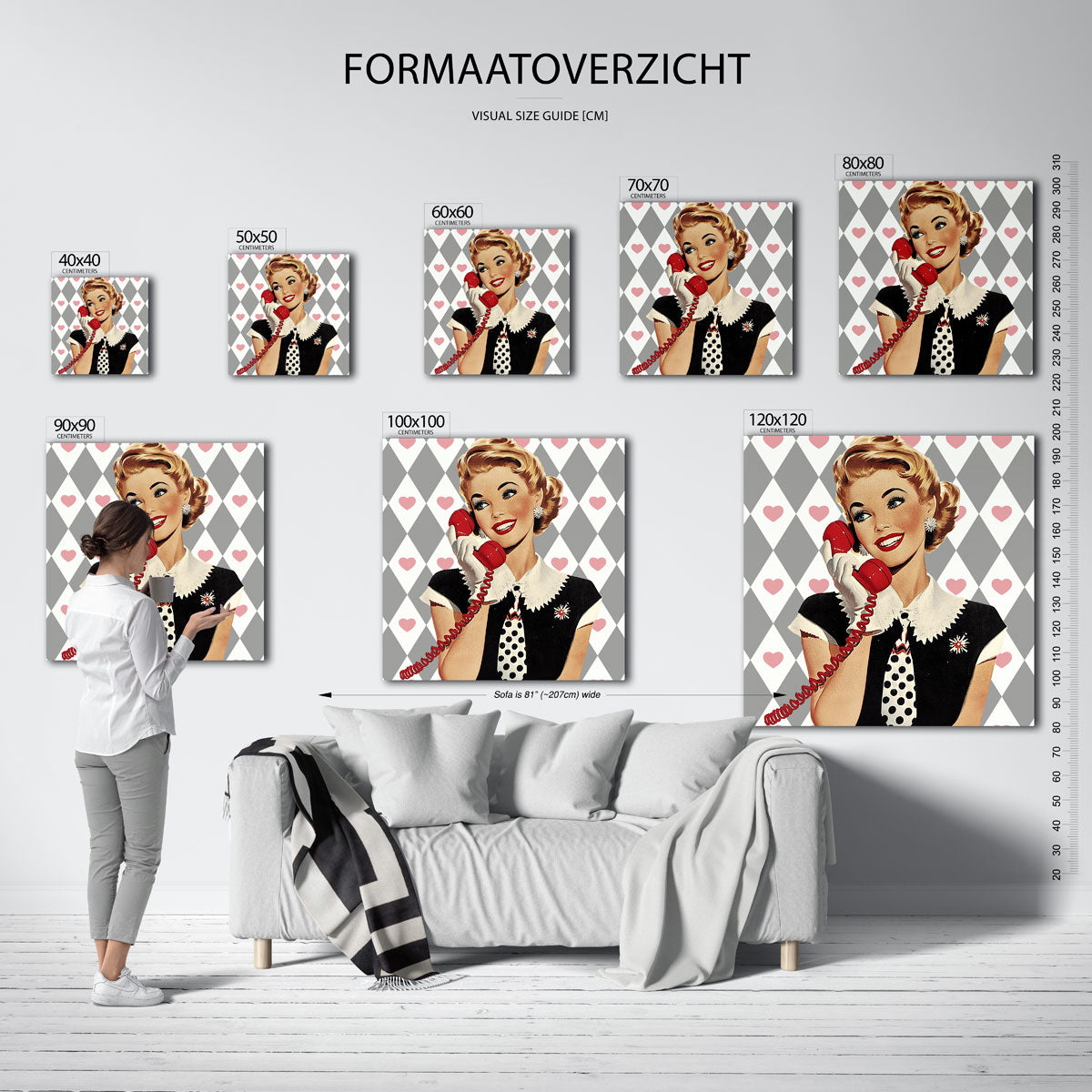 Vrouw met telefoon – kleurrijke vierkante muurposter in Pop Art stijl
