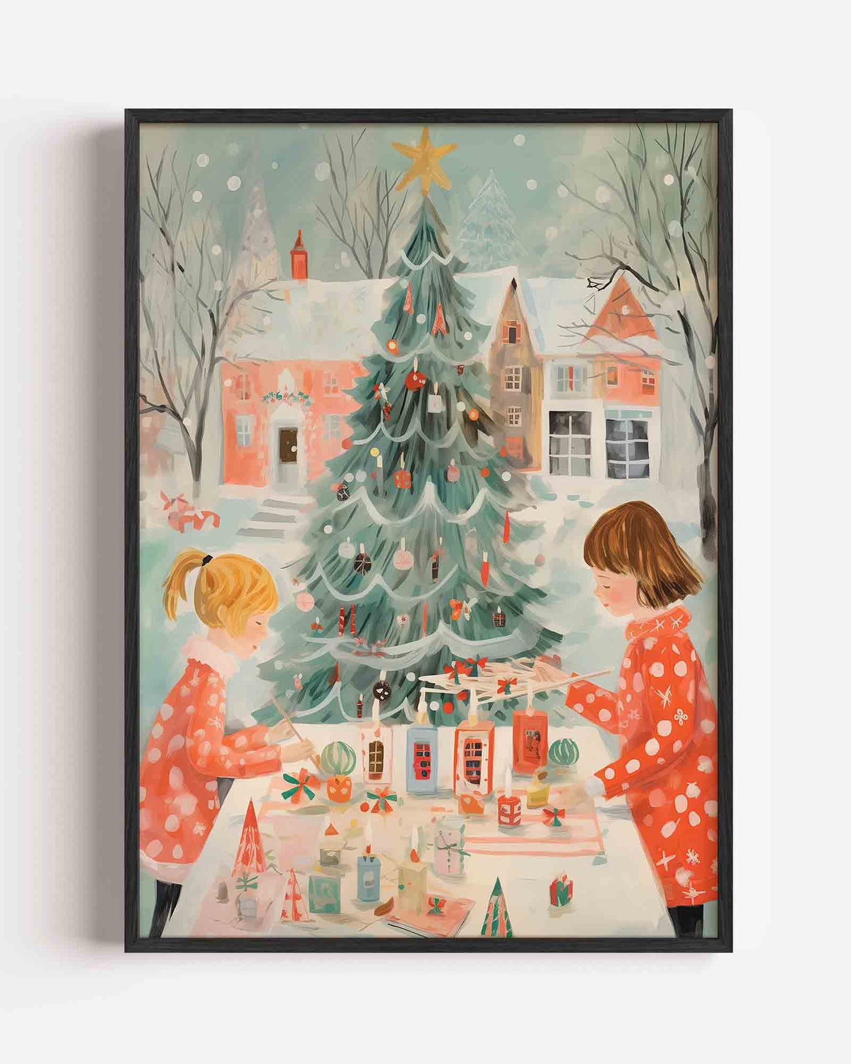 Kinderen versieren kerstboom – kerst portret poster als wanddecoratie