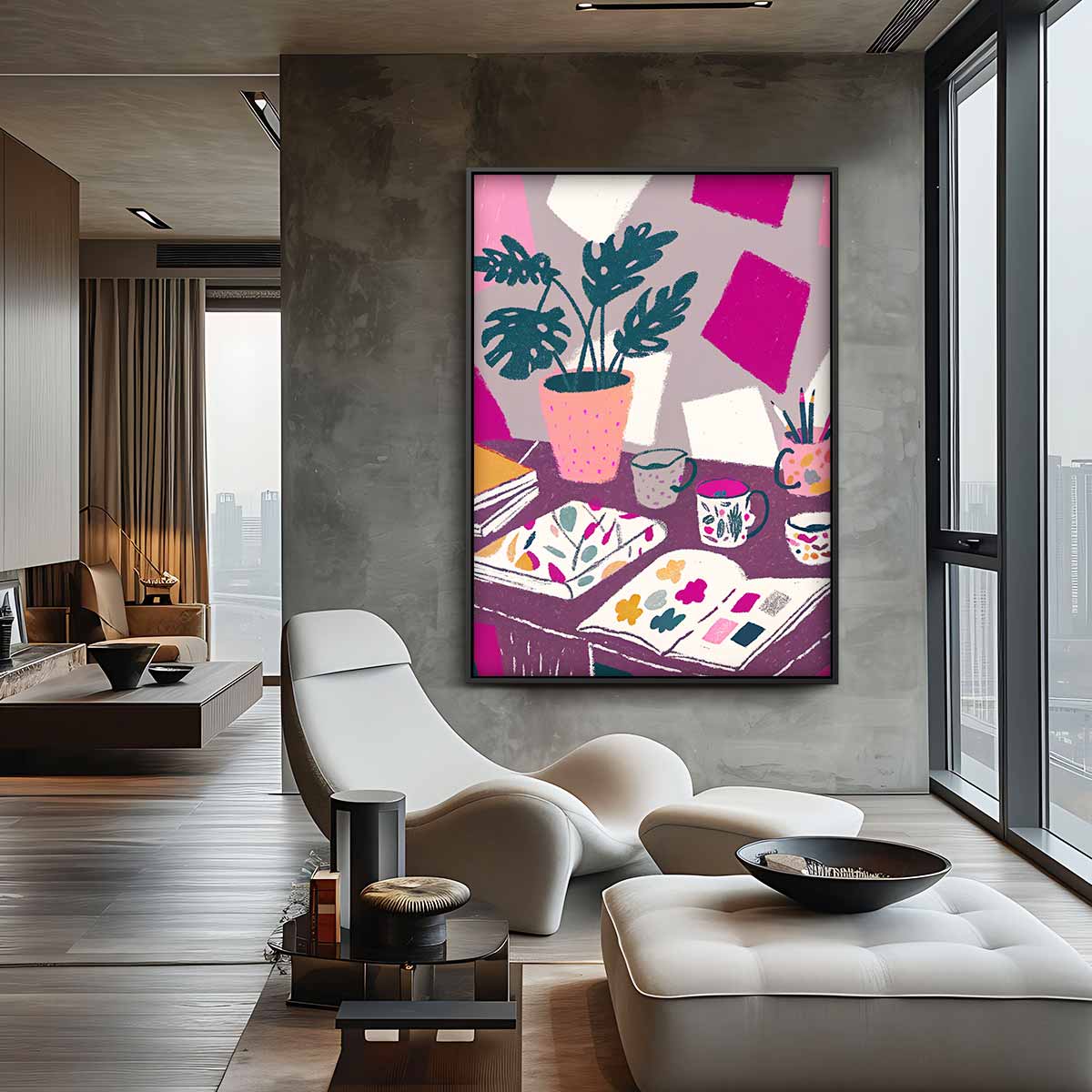 Kleurrijk Ateliertafereel – canvas wanddecoratie in portret formaat