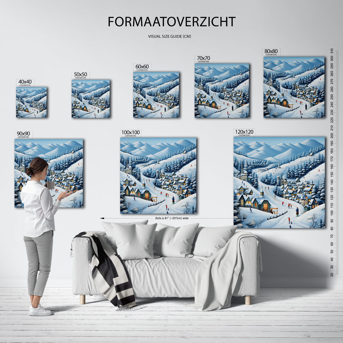Winterdorp in bergen – vierkante muurposter voor kerst