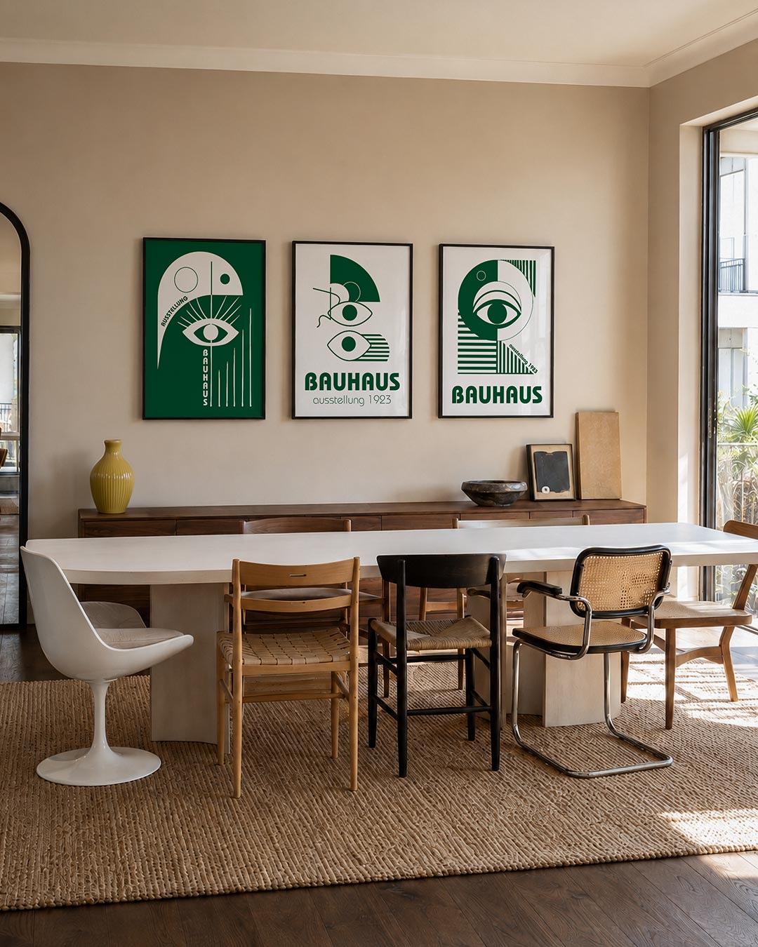 Oog en lijnen posterset – tweede productweergave – een groene achtergrond met een wit oog centraal. Strakke lijnen en cirkels