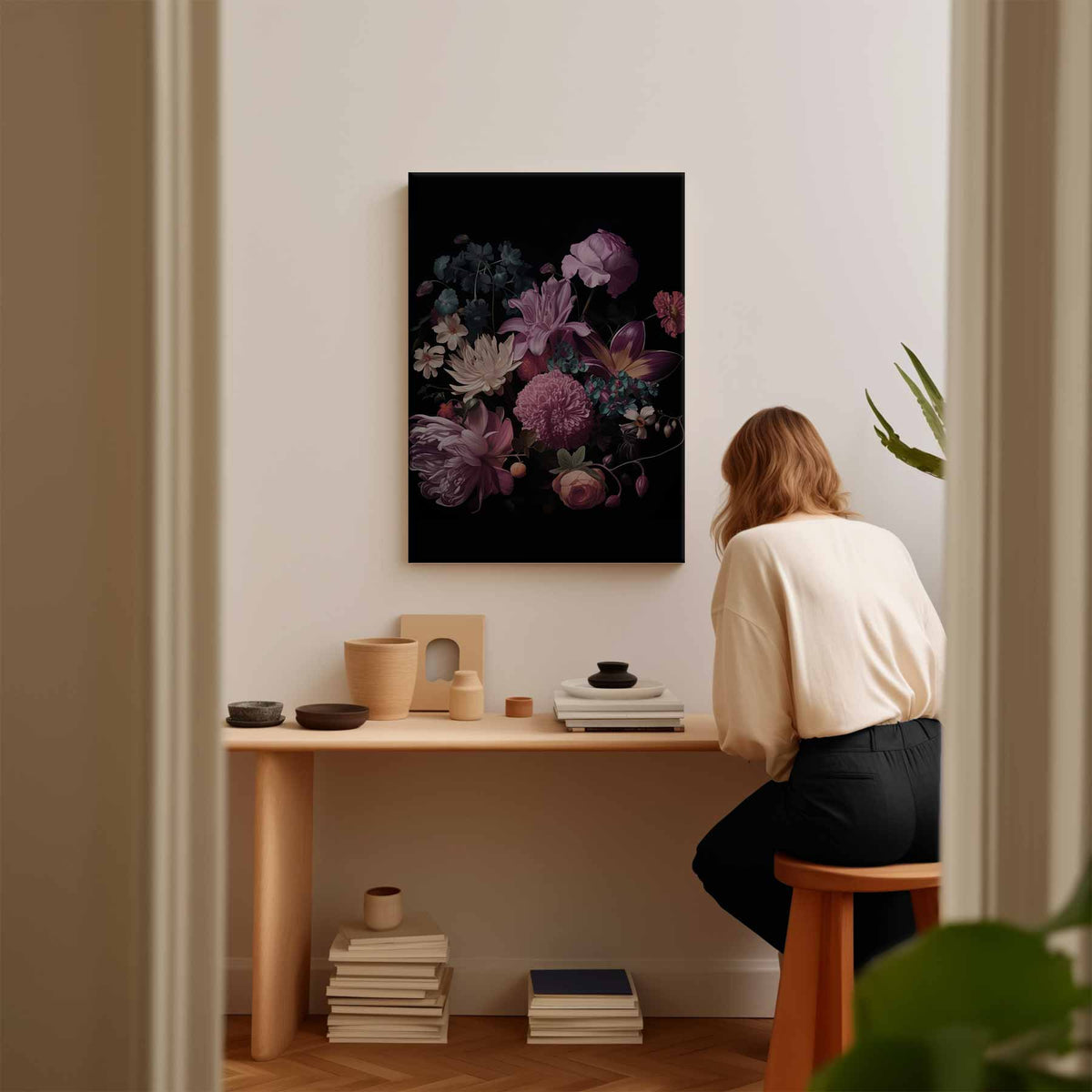 Bloemenexplosie in Donkere Zalen – plexiglas wanddecoratie in portret formaat